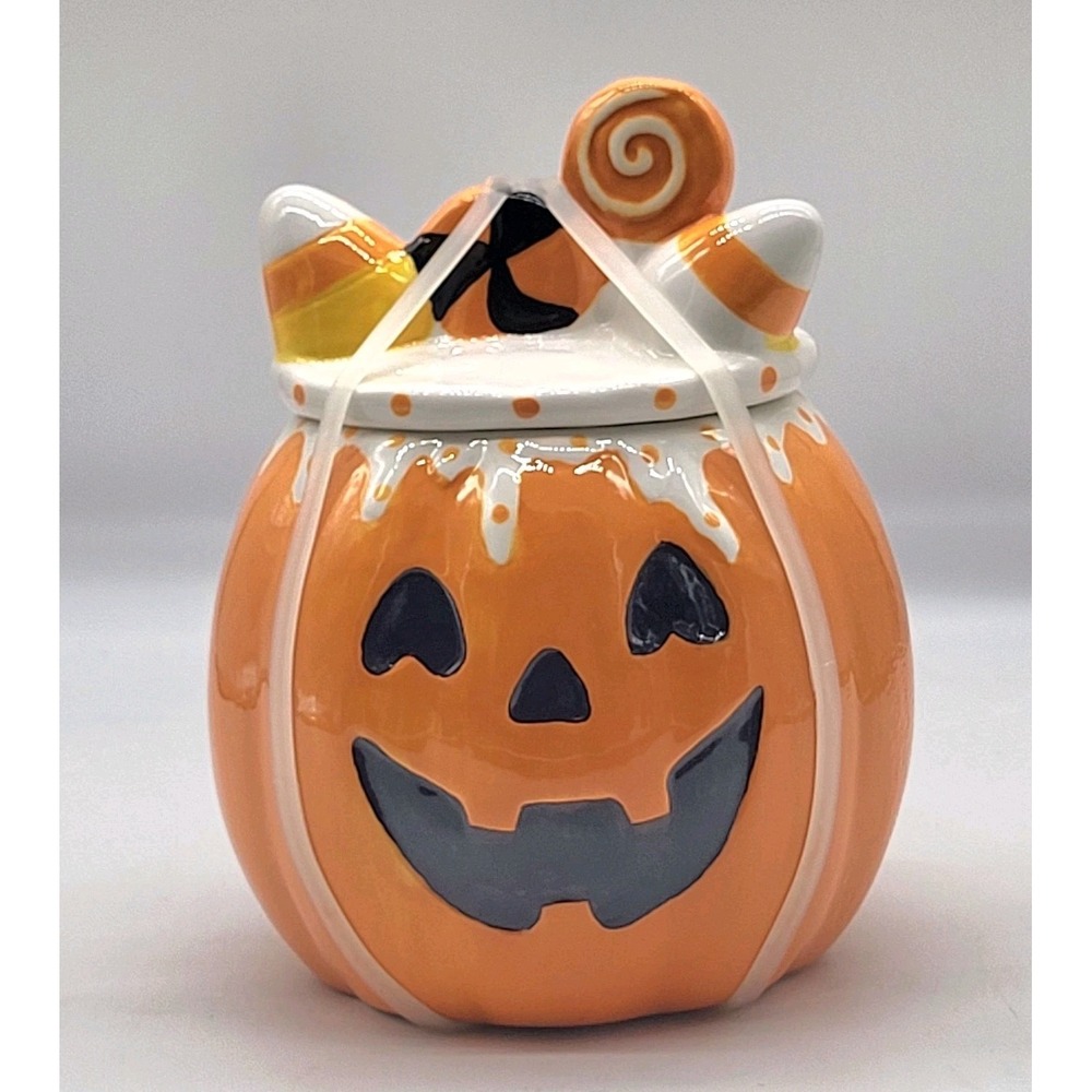 Halloween Pumpkin Cookie Jar Jack O Lantern Candy Corn Lollipop 8" NEW